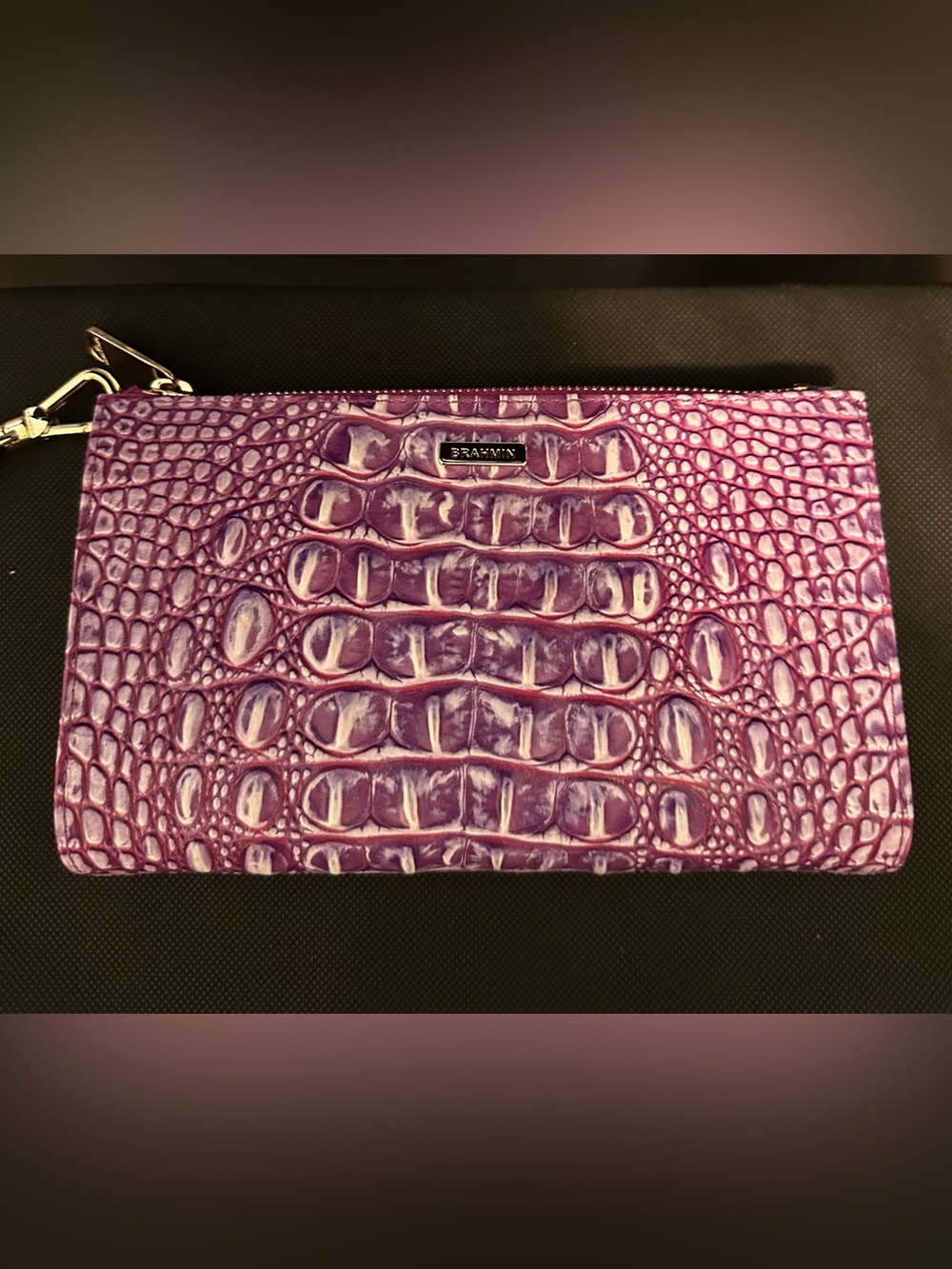 Brahmin Boysenberry Daisy Purple Croc-Embossed Leather Wristlet/Clutch NWOT
